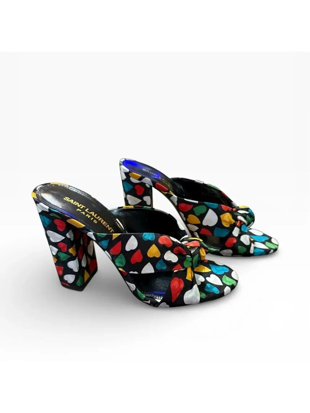 Saint Laurent Bianca 100 Black Heart Knotted Mule Sandals Block Heel 36.5 US 6.5 - Picture 1 of 14